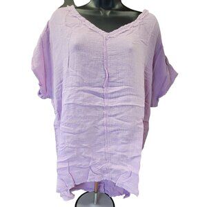 La meil Top Shirt Gauze Short Sleeve V-Neck  Frayed Hem Womens Large NEW